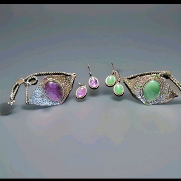 Bohemian Bolo Bracelet & Earrings Set In Amethyst or Green Aventurine 51.40ctw - Picture 1 of 9